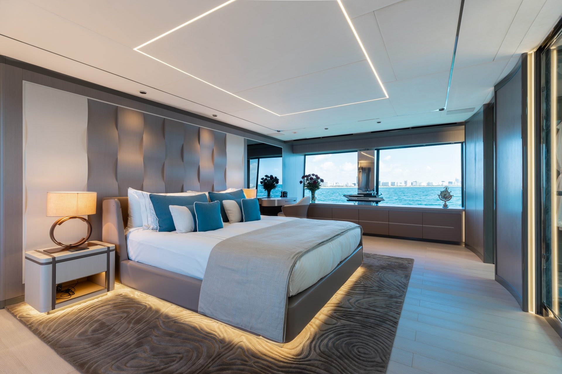 Luxurious Mangusta yacht master bedroom with sea view