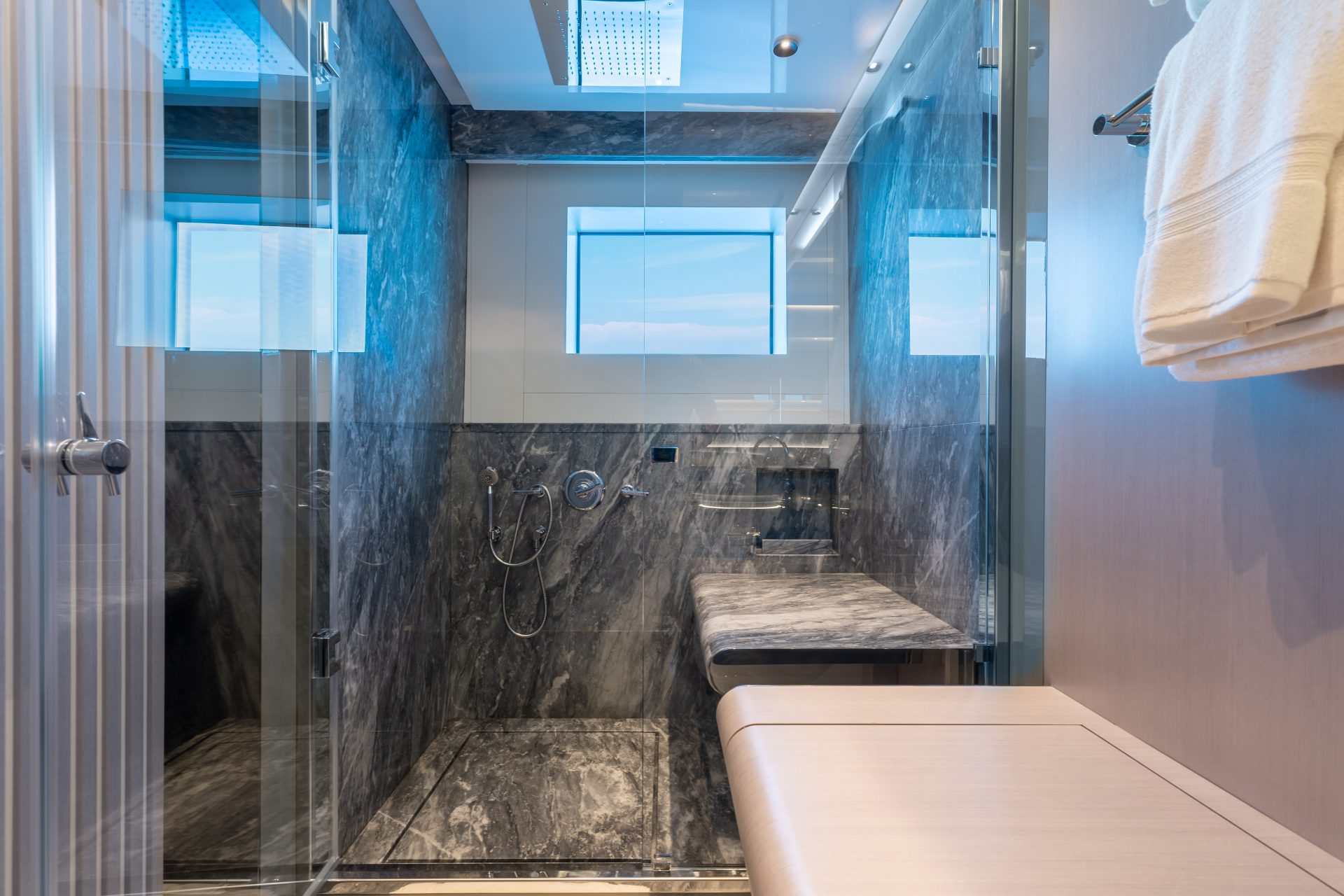 Luxurious yacht bathroom with marble finishes
