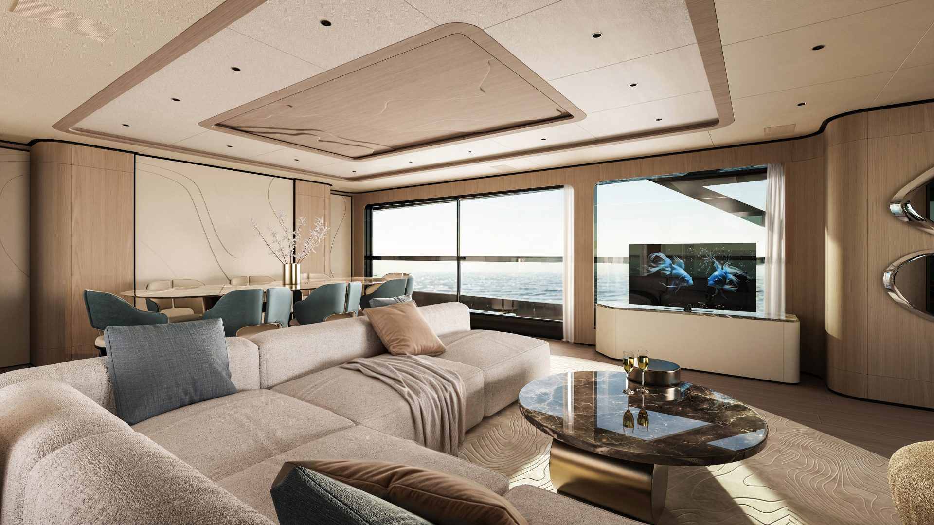 Luxurious Mangusta Yacht interior lounge