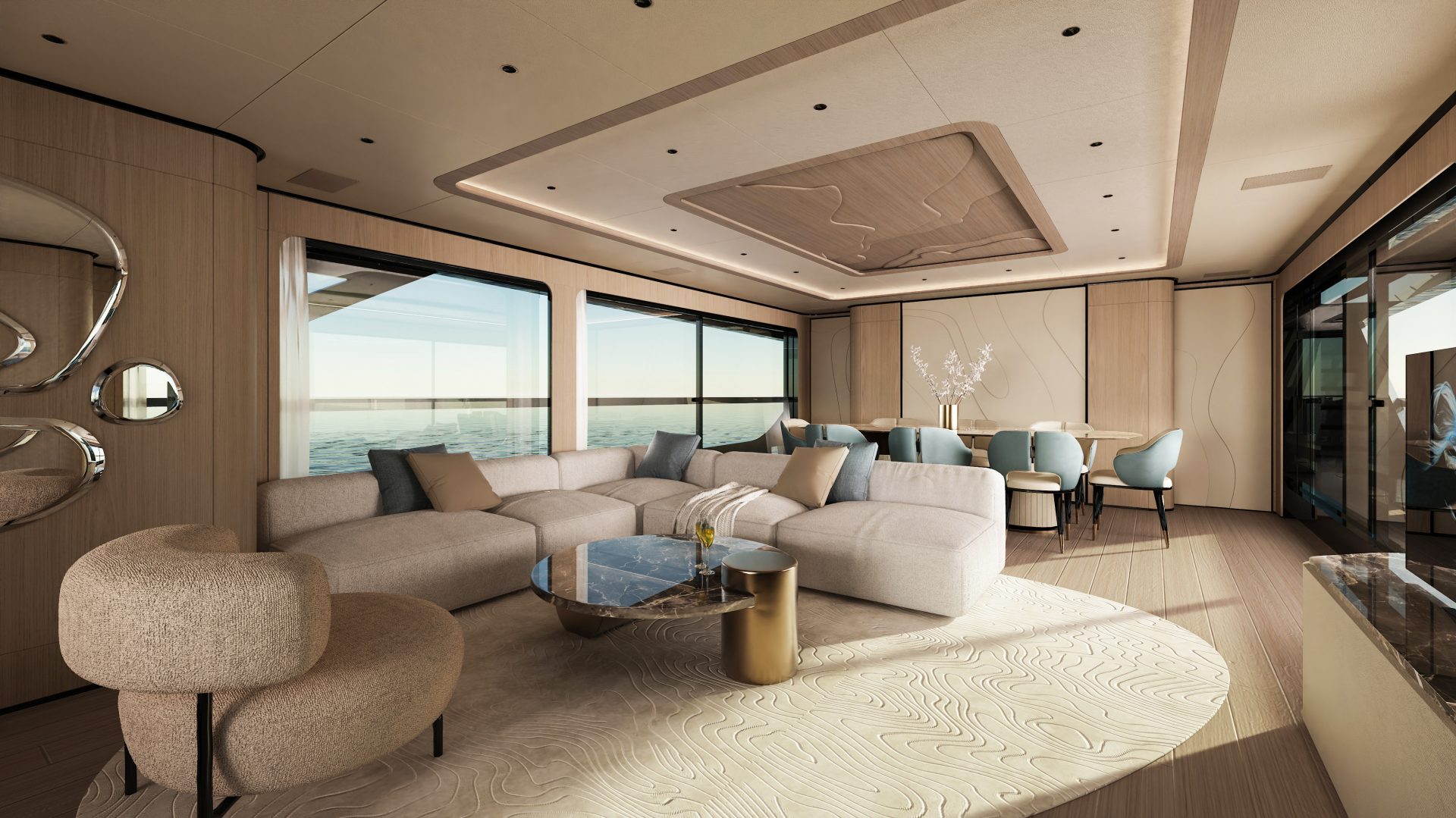 Luxury yacht interior with ocean view.