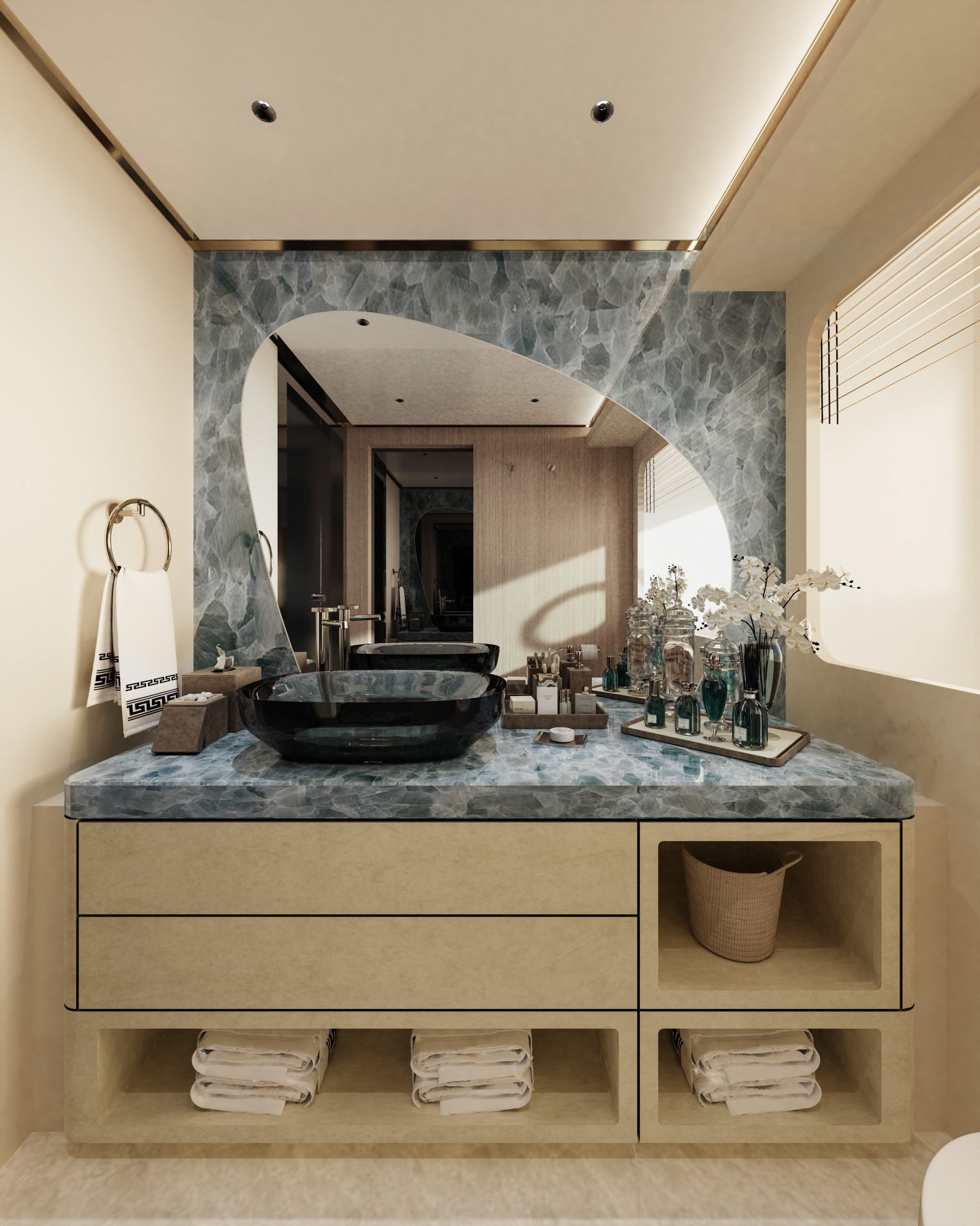 Luxurious yacht bathroom with marble sink.