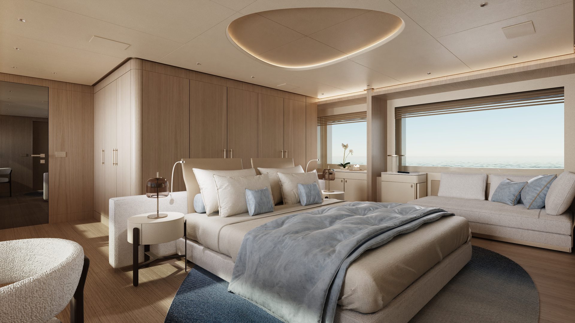 Luxury bedroom interior on a Mangusta yacht