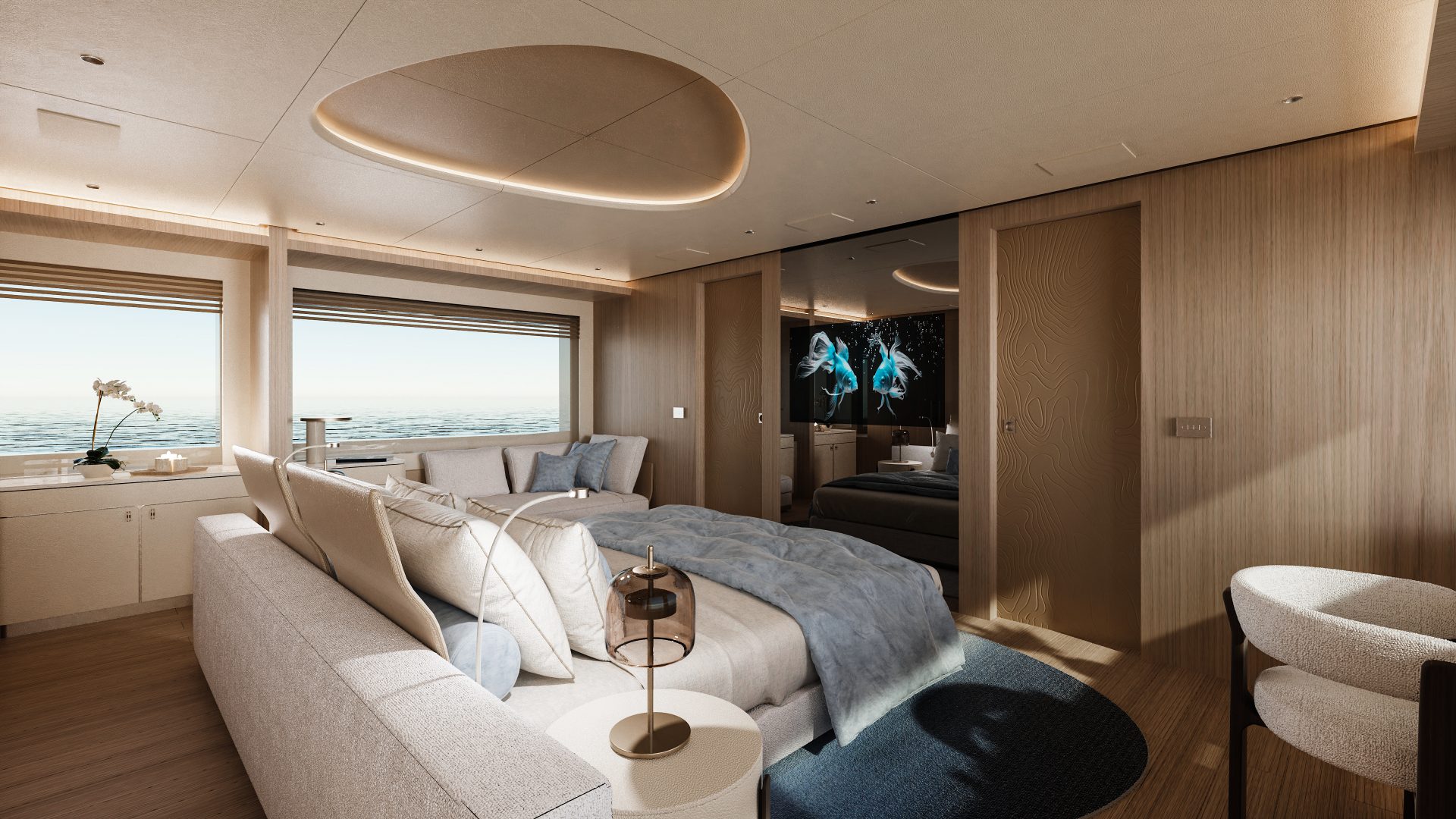 Luxurious Mangusta Yachts master suite interior.