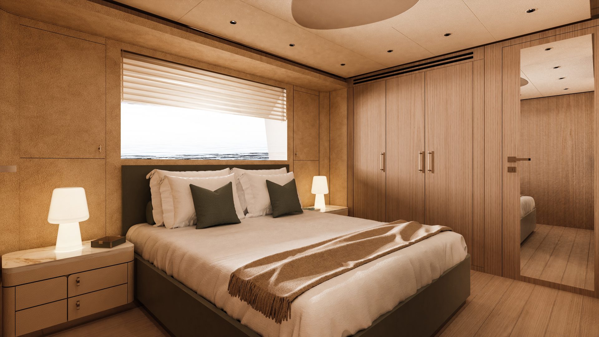 Luxury bedroom onboard Mangusta yacht, elegant decor.