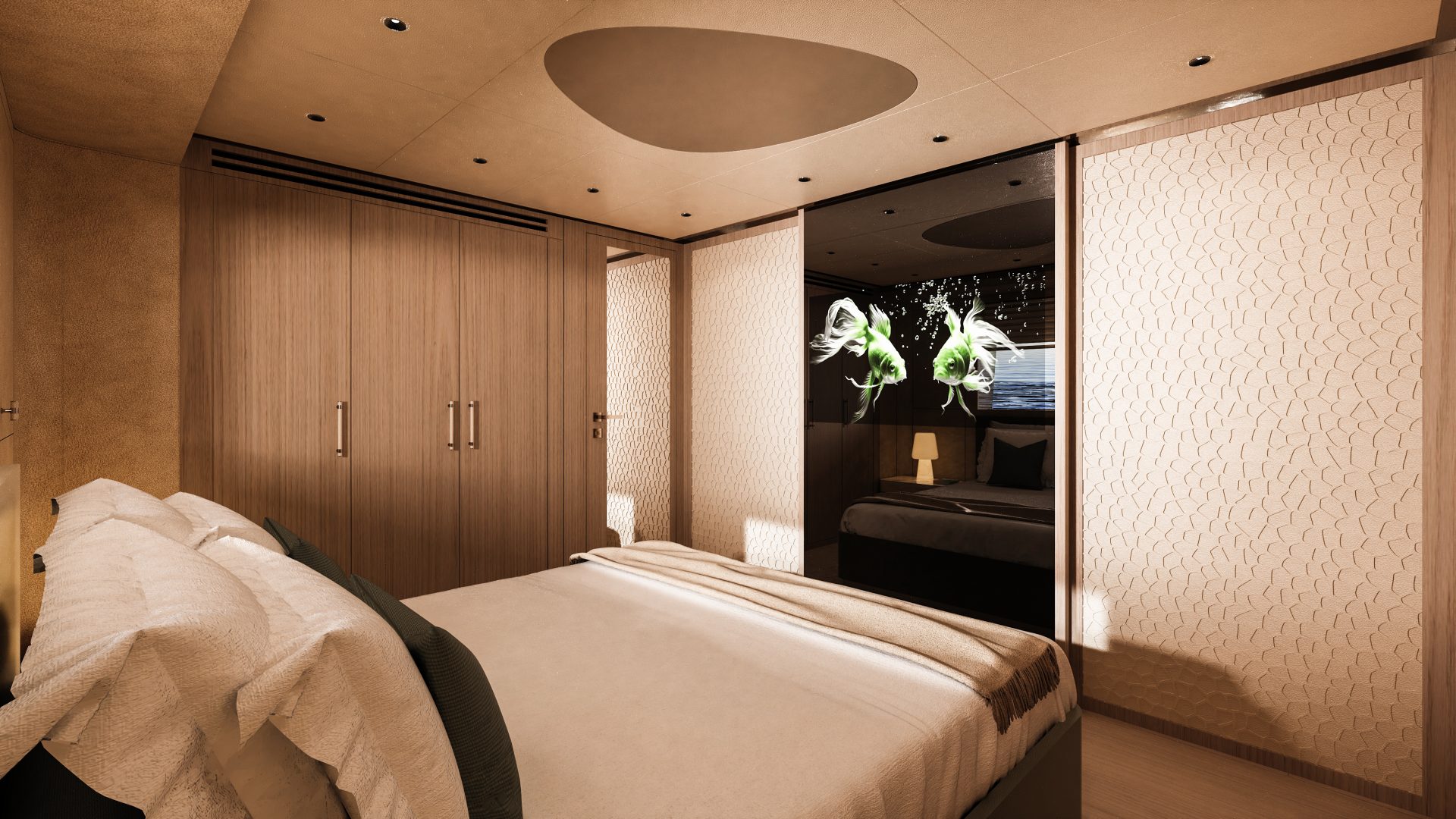 Luxury yacht bedroom with elegant decor.