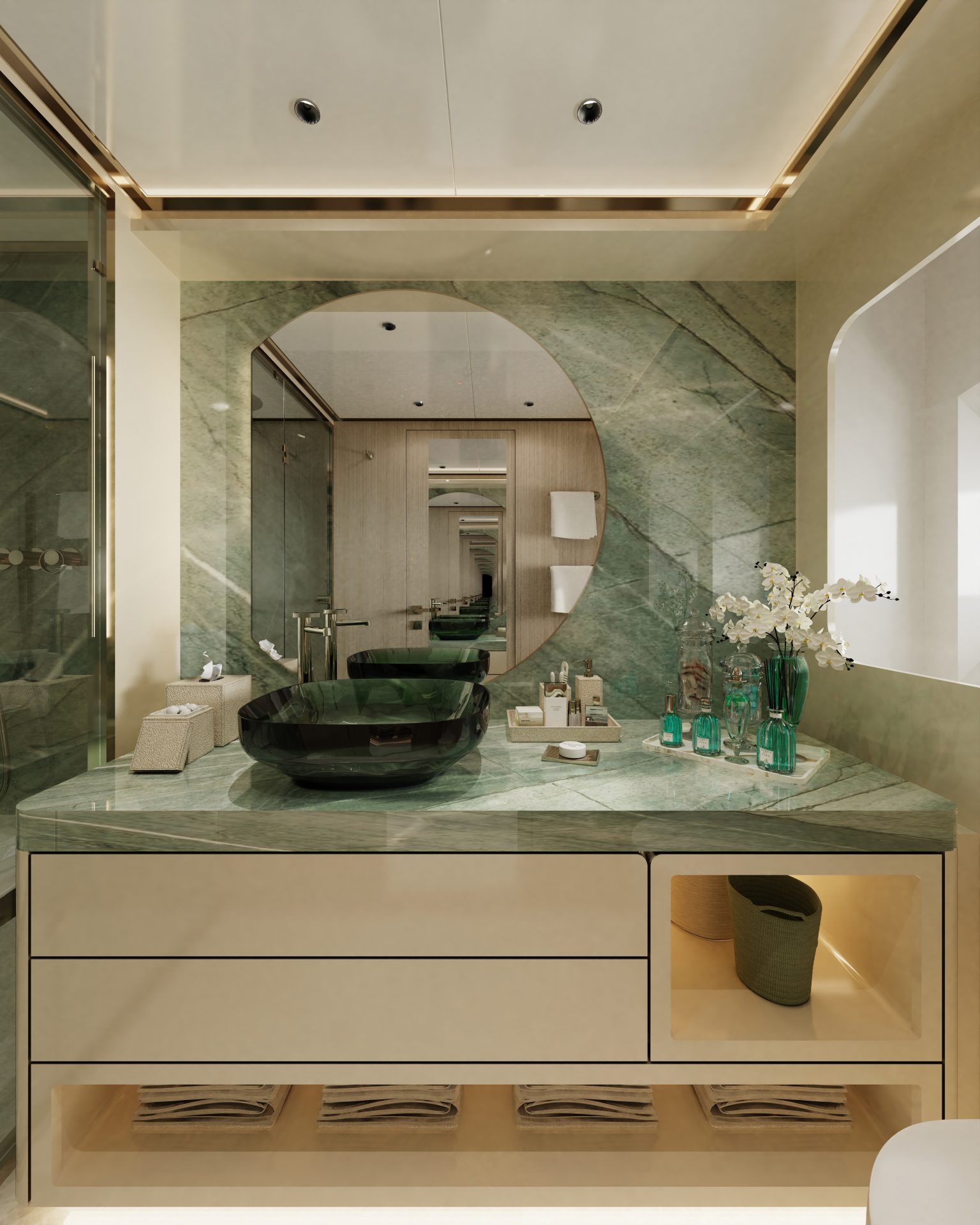 Luxurious yacht bathroom with green marble decor