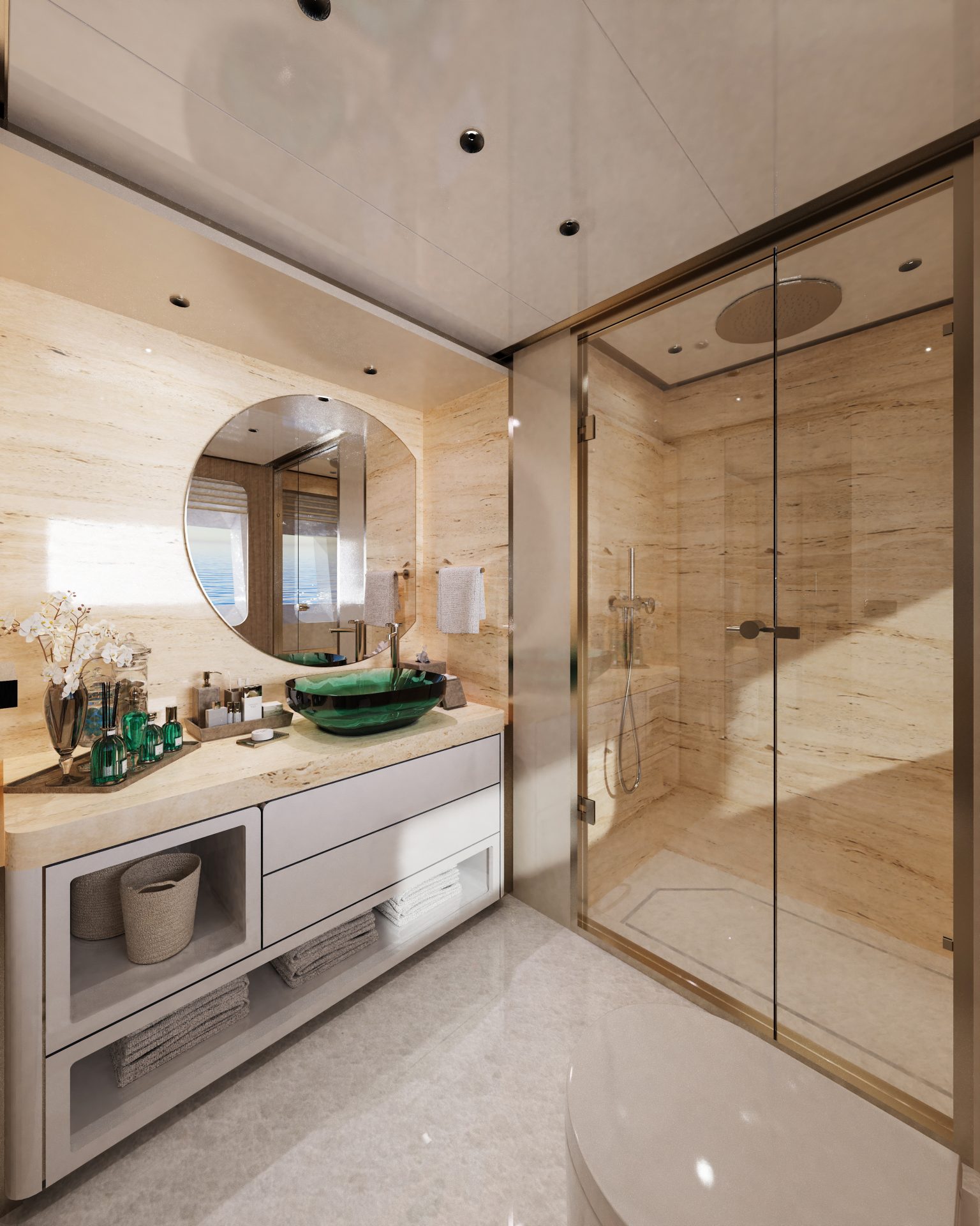 Luxurious yacht bathroom with modern shower design.