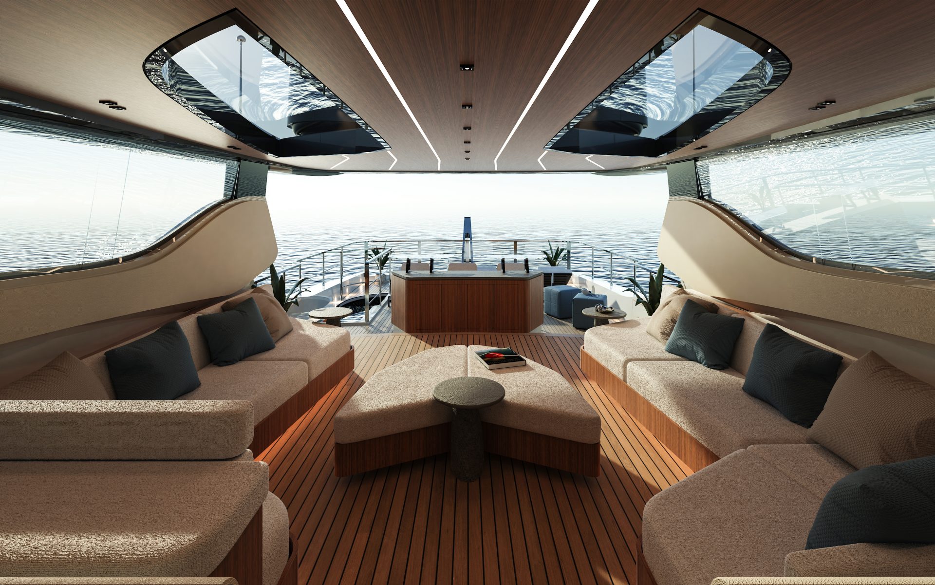Luxurious Mangusta yacht interior lounge