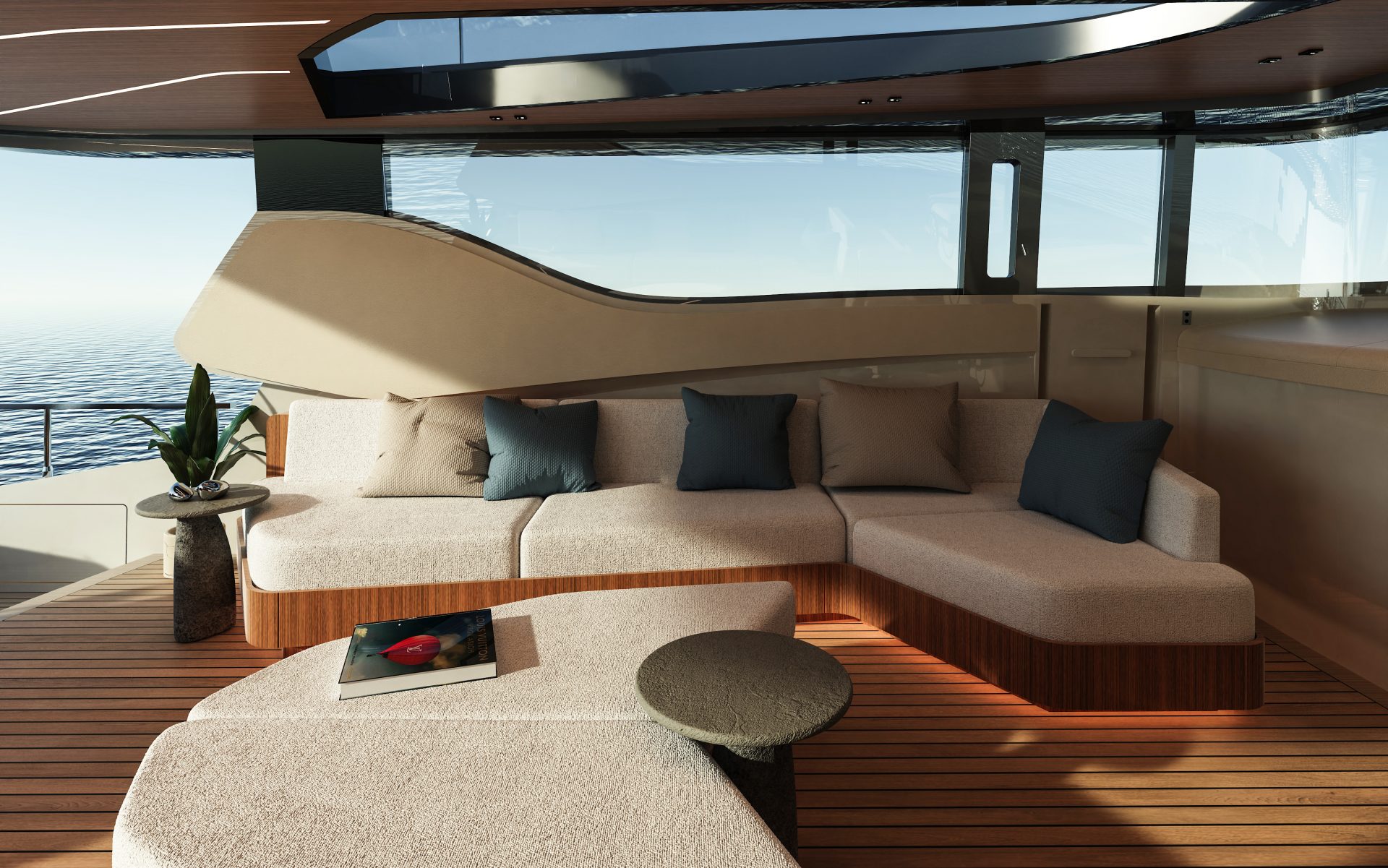 Luxury yacht lounge with ocean view