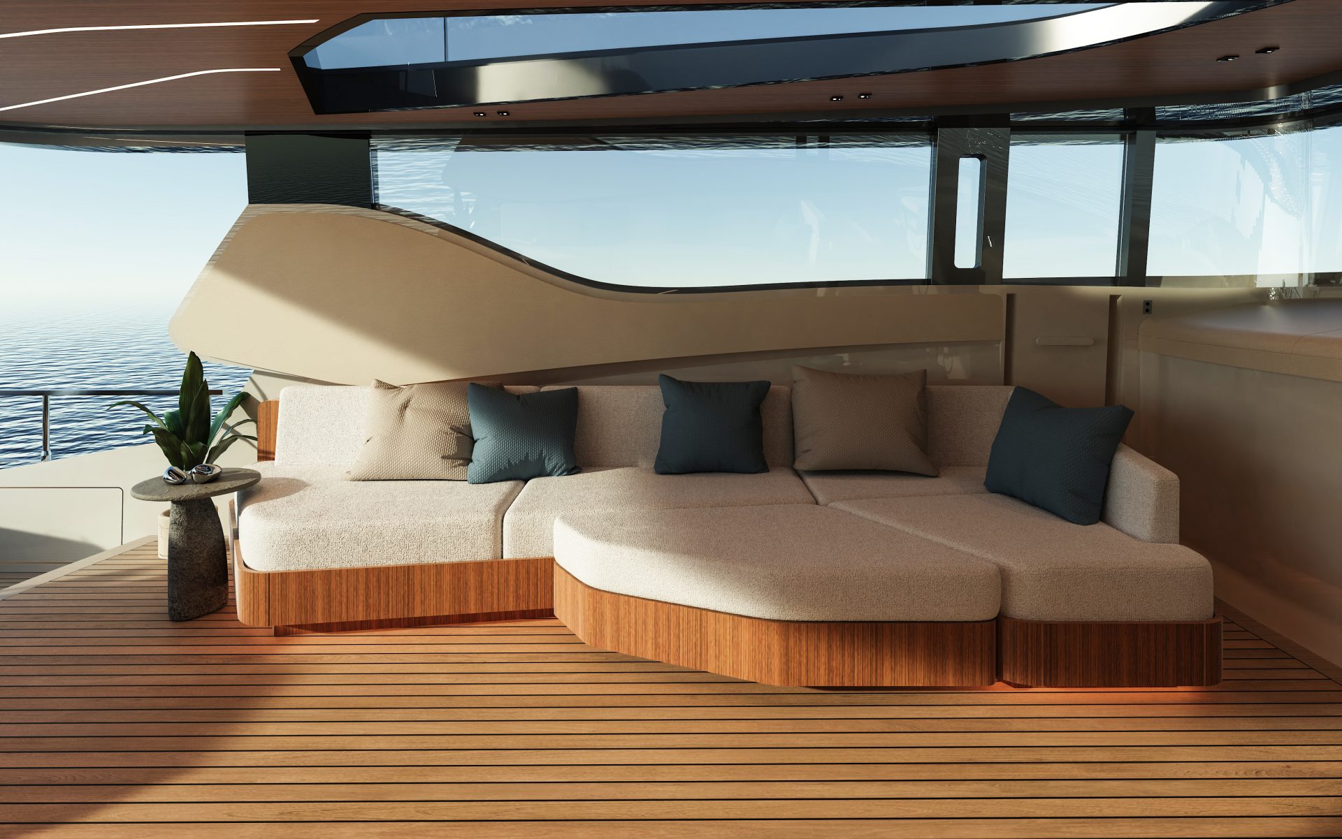 Luxurious yacht deck seating with ocean view.