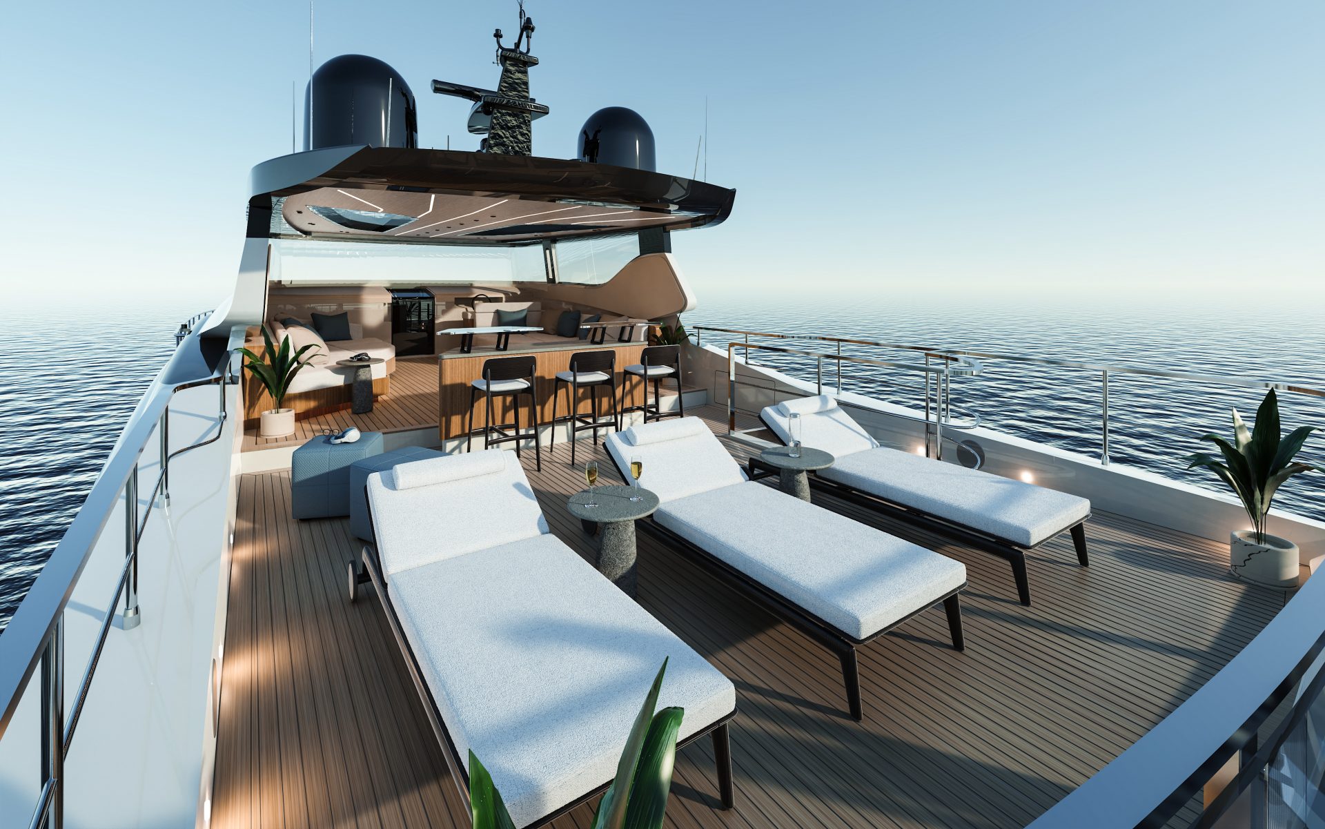 Luxurious Mangusta Yachts sundeck view
