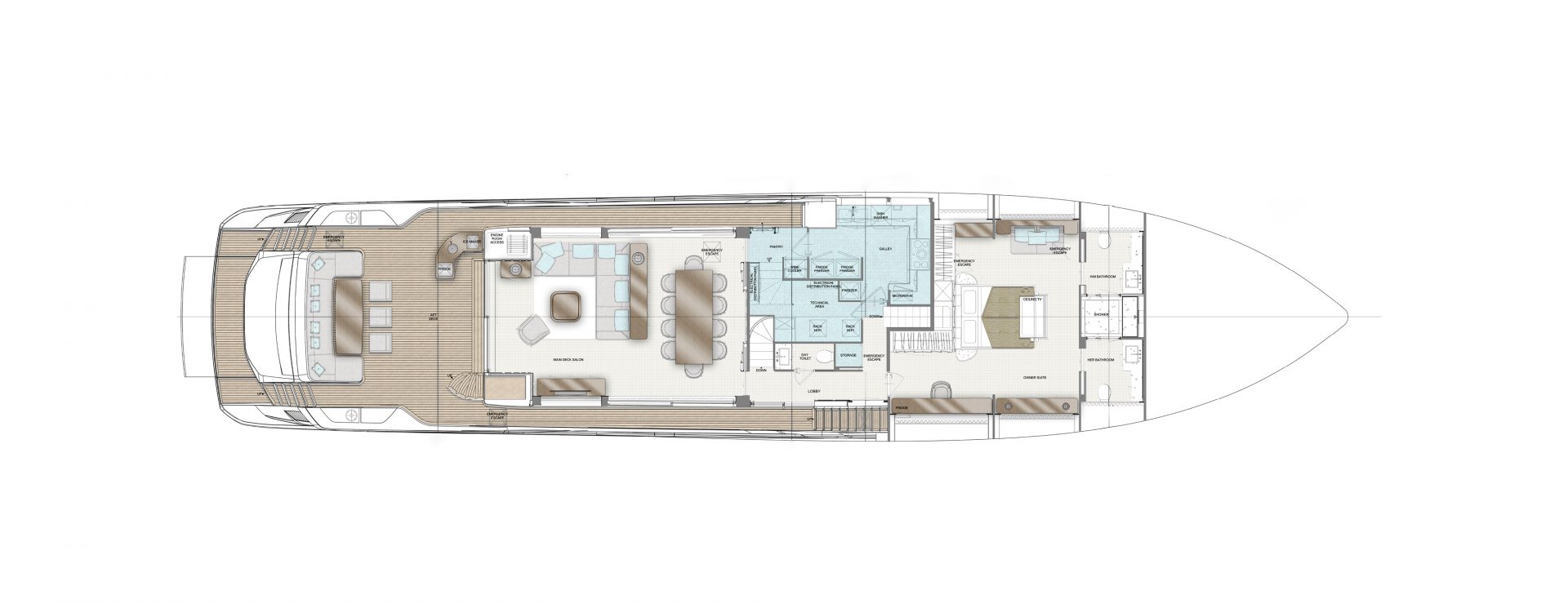 Mangusta Yacht interior layout with main deck plan