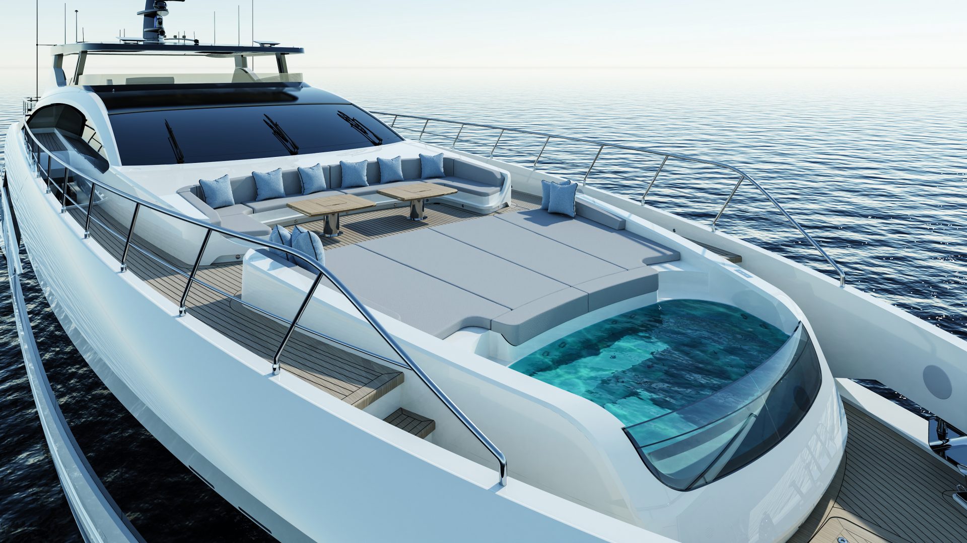 Luxurious Mangusta yacht deck with pool.