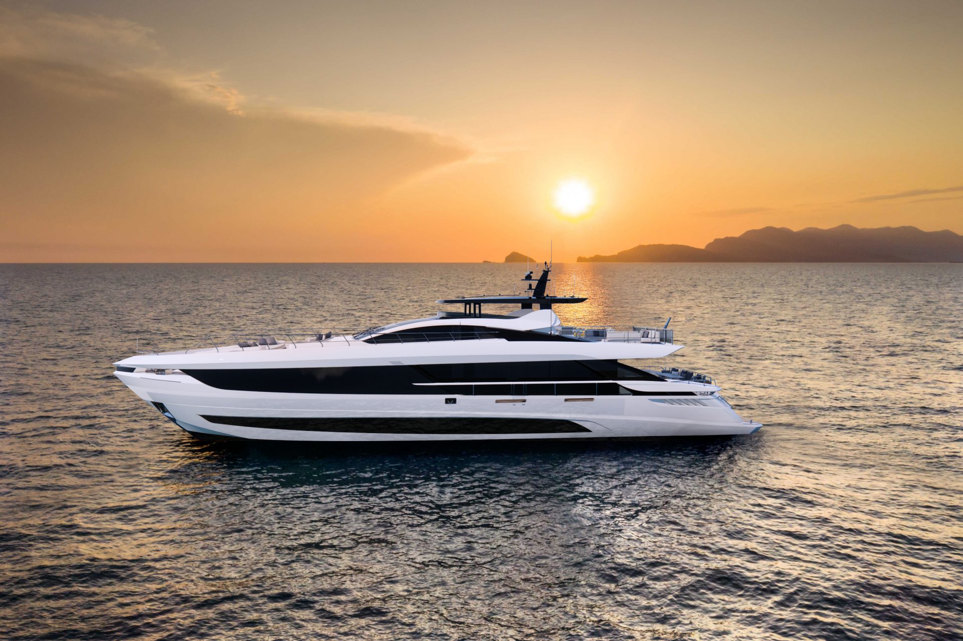 Mangusta yacht cruising at sunset