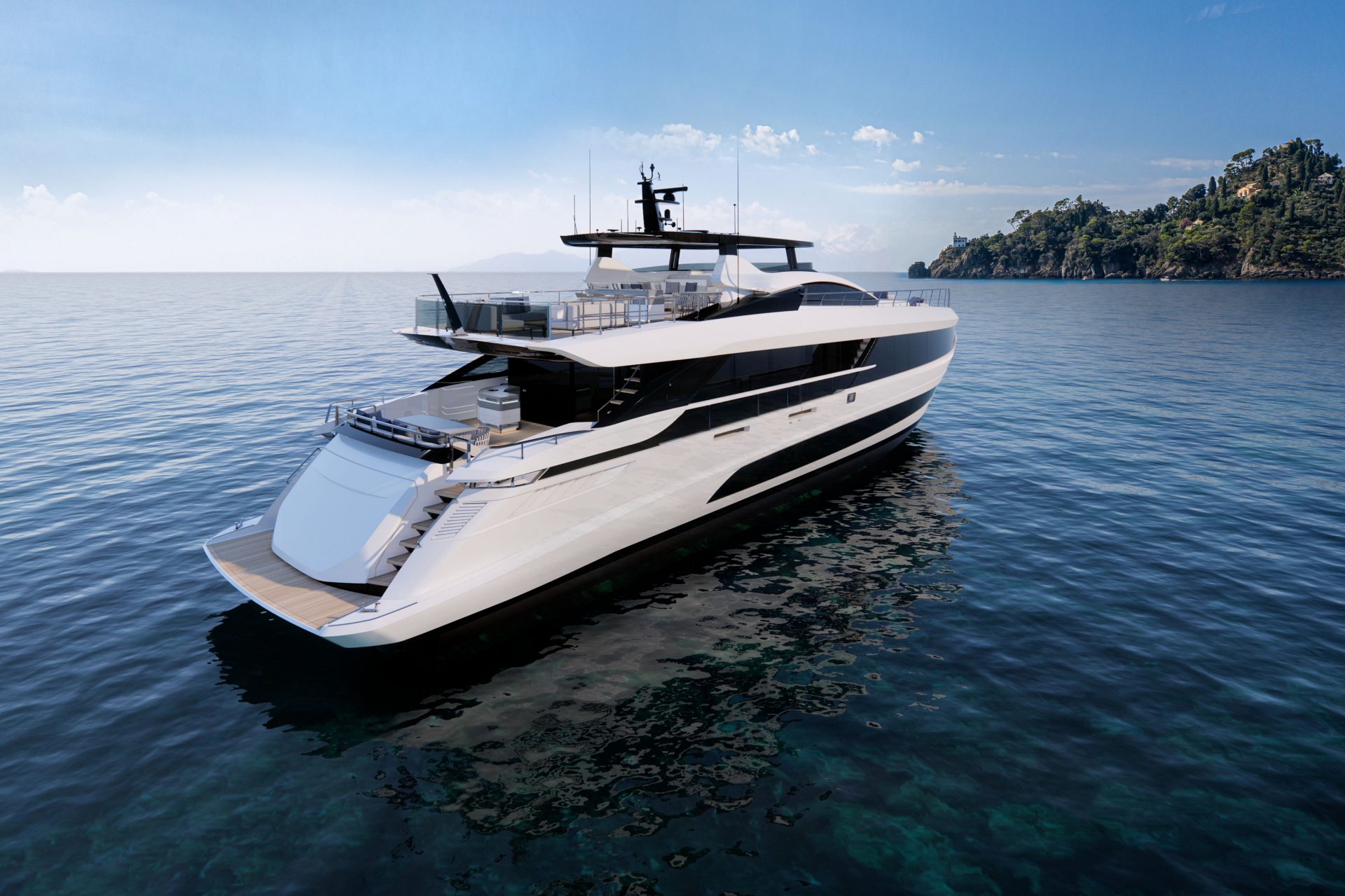 Mangusta luxury yacht on serene ocean water