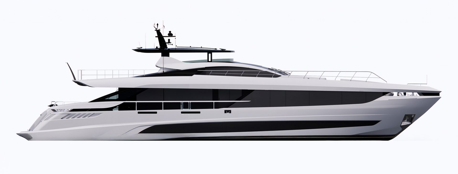 Luxury Mangusta yacht side view.